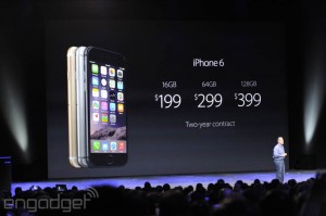 iPhone 6の価格は16GB 199ドル、64GB 299ドル、128GB 399ドル。2年契約込み。
