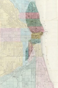 1868年に作成された地図に、2009年に火災範囲を書き込んだシカゴの地図 