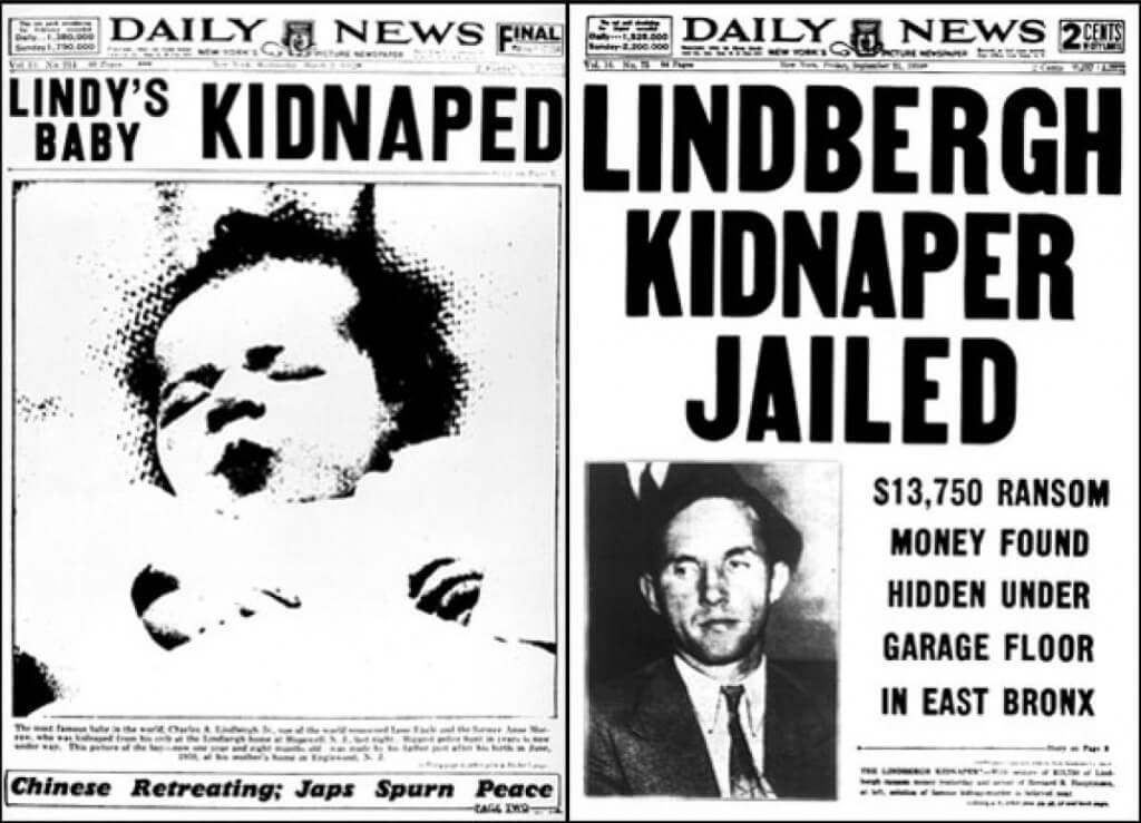 リンドバーグ・ジュニア誘拐を告げる記事（左）と犯人逮捕記事（右）出典：www.nydailynews.com