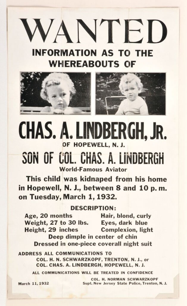 1932年3月11日に貼りだされたポスターこの次の日に遺体で見つかった。何か臭う出典：www.legendaryauctions.com